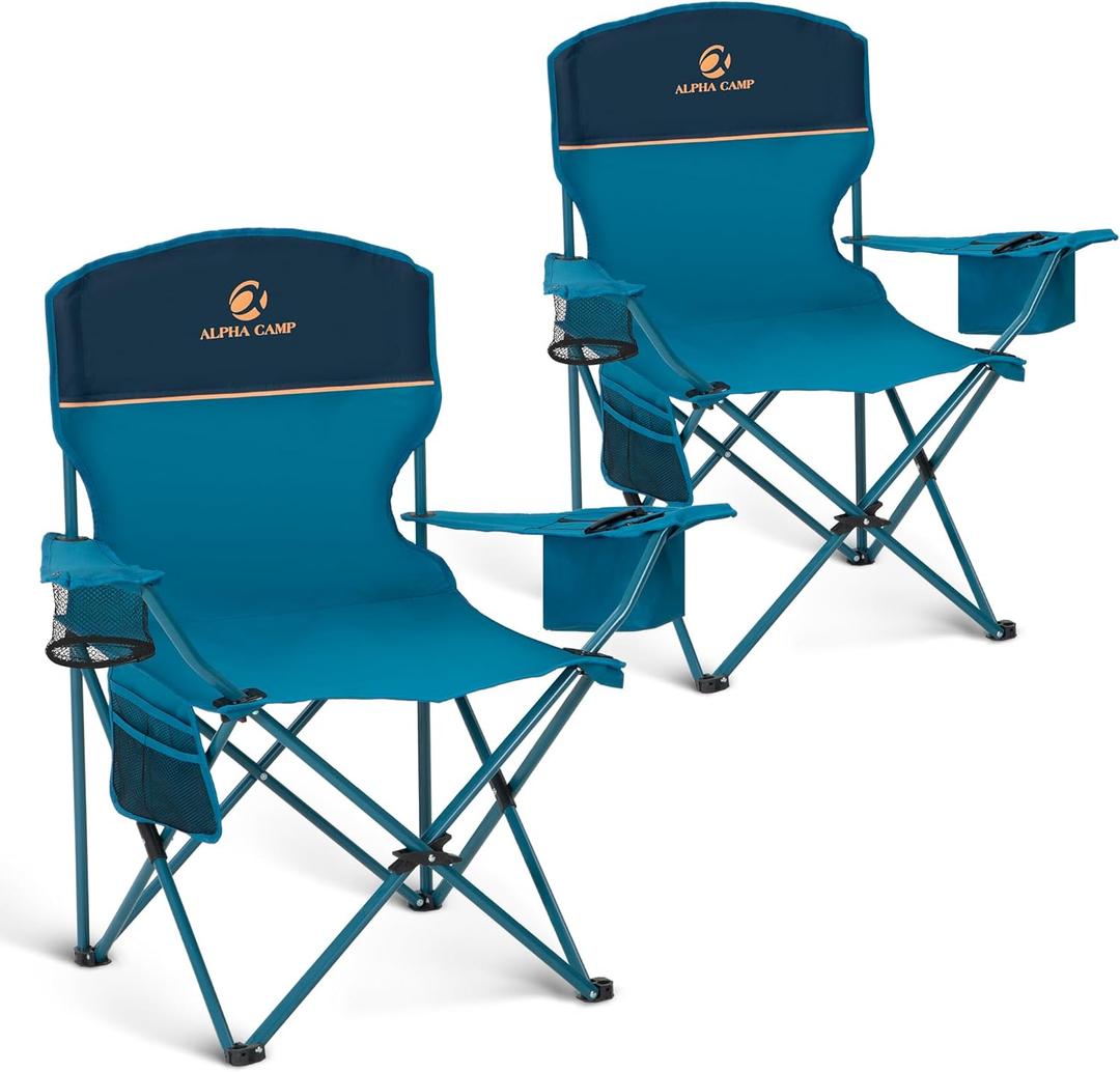 ALPHA CAMP Camping Chair Pack of 2 Portable Chair with 3-Can Cooler Folding Chair with Side Pocket and Cup Holder, Collapsible for Camping, Tailgates, Beach, Fishing and Sports, Blue 