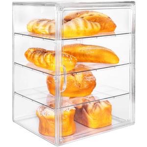 Fantasyon Pastry Display Case Large Clear Bread Box for Kitchen Countertop 4 Layers Adjustable Bread Storage with Magnetic Door Food Safe Bread Container 15.5x11.4x9.8inch