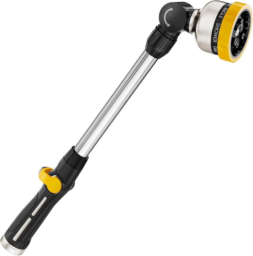 FANHAO Metal Garden Hose Wand, 16-Inch Heavy Duty Watering Wand with 9 Spray Patterns, 180 Rotating Long Garden Hose Nozzle Thumb Flow Control, Ideal to Water Hanging Baskets and Shrubs -Yellow