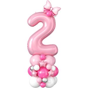40 Inch Pink Number 2 Balloon for 2nd Birthday Decoration Pastel Baby Pink Number Two Foil Balloon Tower Giant Large Digit Hot Pink White Helium Balloons Stack for Girls Second Anniversary Party