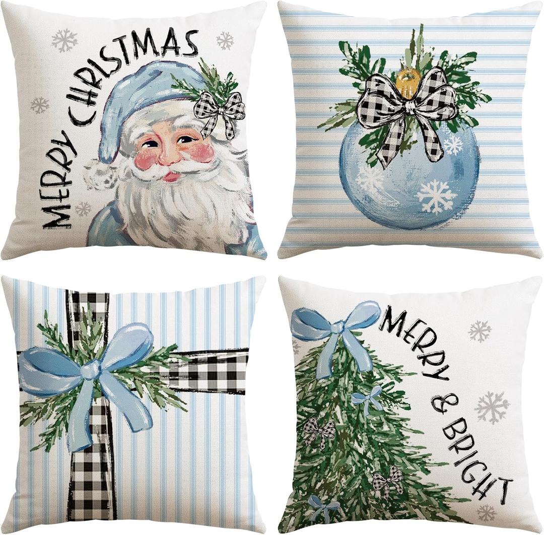 Artscope Christmas Throw Pillow Covers 16x16 Inch Set of 4, Santa Claus Merry Bright Xmas Tree Ball Holiday Decoration Pillow Cases for Christmas Home Decor-Blue