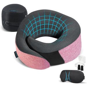 Proglobe Pink Airplane Travel Pillow Set, 100% Pure Memory Foam Neck Pillow, Updated Material, Long Flight Travel Kit with 3D Contoured Eye Masks, Earplugs, and Luxury Bag
