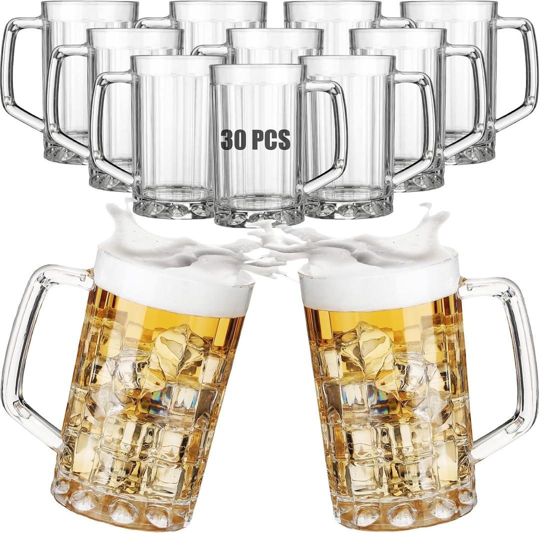 Mifoci 30 Pcs Plastic Beer Mug with Handles 16 oz Acrylic Beer Stein Bulk Oktoberfest Clear Glasses Drinking Cups for Bar Cocktail Juice Alcohol Soda Party, Dishwasher Safe