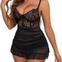 Rigeri Sexy Lingerie for Women Mesh Babydoll Dress with Underwire Bra Lace Chemise Ruffle Hem Sleepwear (Black, M)