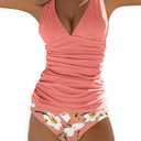 Beachsissi Women's Cute Floral Print Swimsuits V Neck Tummy Control Tankini Set, S