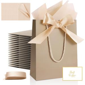 Ethhqu 12 Pack Small Gift Bags with Handles Include Tissue Papers & Cards, 9x7x3.15'' Thank You Gift Bags for Bridesmaids, Birthday, Baby Shower, Wedding, Anniversary (Champagne)