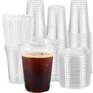 100 Pack - 20 oz Clear Plastic Cups with Lids and Straws, Sturdy & Food Safe Iced Coffee Cups with lids, Disposable Plastic Smoothie Cups for Cold Drinks