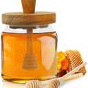 Loscarol Honey Pot with Dipper and Lid - 18 oz Glass Honey Jar with Wooden Honey Dippers Stick Set, Wide Mouth Honey Containers - Airtight Syrup Dispenser for Home Kitchen (Transparent)