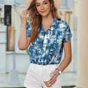 Hawaiian Shirts for Women Soft Cool Hawaiian Shirt Beach Tropic Print V Neck T-Shirt Vacation Button Up Tops (Blue, M)