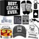 14 Pcs Coach Gifts for Men Whiskey Glass Set, Coaches Appreciation Gift with 11 Oz Whiskey Glass Coaster Stones Crystal Plaque Baseball Cap Socks Keychain Whistle, Best Coach Birthday Christmas Gift