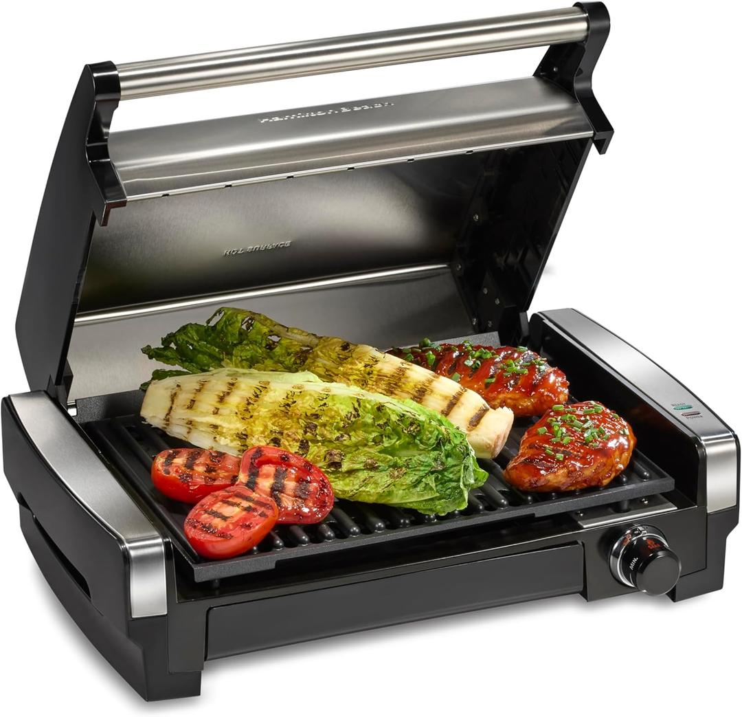 Hamilton Beach Electric Indoor Searing Grill with Adjustable Temperature Control to 450°F, 118 sq. in. Surface Serves 6, PFAS-Free Removable Nonstick Grate, Stainless Steel (25360)