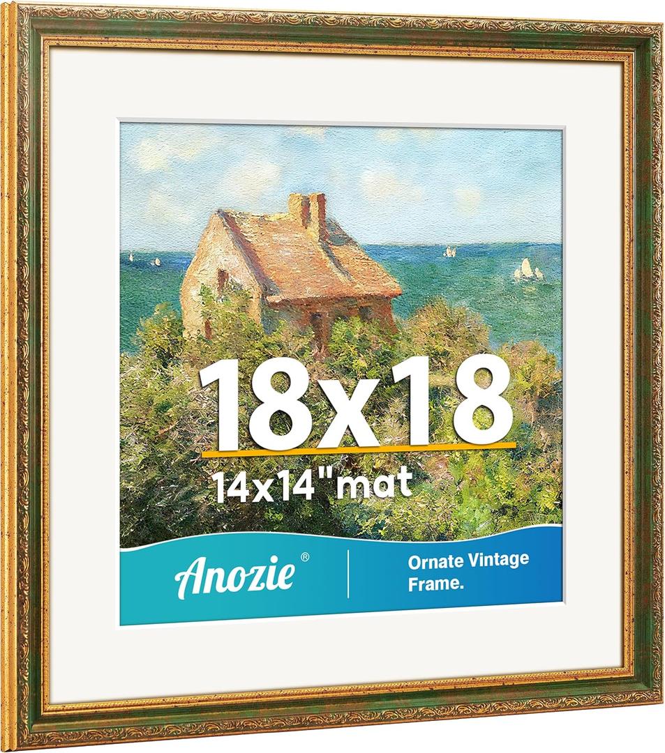 Vintage 18x18 Frame, Antique Gold Photo Frames with Plexiglass Front,Ornate Square 18x18 Picture Frame Display 14x14 with Mat or 18 x 18 Frame Without, Wall Décor,1 Pack,Green