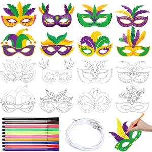 Lenwen 16 Pcs Mardi Gras Coloring Masks Color Your Own Mardi Gras Masks DIY Carnival Masquerade Craft Kits with Pens for Masquerade Birthday Classroom Activities Party Supplies(Carnival)