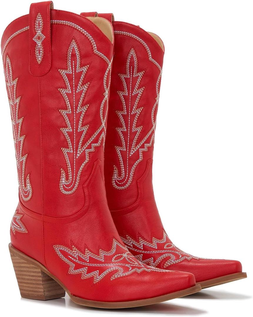 Cowboy Boots For Women - Western Mid-Calf Cowgirl Boots - Snip Toe - 3 Wood Grain Chunky Heel Embroidered Boots (9)