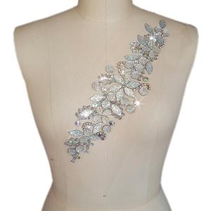 Fashion! Pure Handmade Bright Crystal Patches Sew-on AB Color Rhinestones Applique with Stones Sequins Beads DIY for Wedding Dress Decor Accessory 3.9x14.2 Belt Waist Decoration