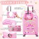 Sanwuta 4 Pcs Kids Luggage Set Carry On Rolling Suitcase Backpack Neck Pillow Travel Set Gift for Girls Boys Summer Camp(17 Inch,Unicorn Rainbow Style,Pink)