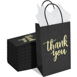 DjinnGlory 100 Pack Small Size Black Thank You Paper Gift Bags with Handles 9x5.5x3.15 Inch for Business Birthday Wedding Bridal Baby Shower Party Favors Goodies