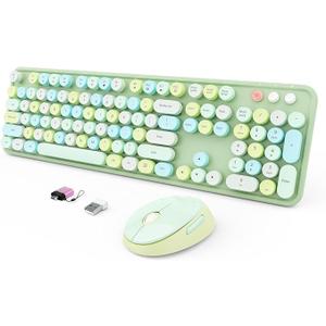 Wireless Keyboard and Mouse Combo, Colorful Ergonomic Full Size Retro LowNoise Keyboard with Cute keycaps, Compatible with Windows, PC, Perfer for Home and Office Keyboards (Green)