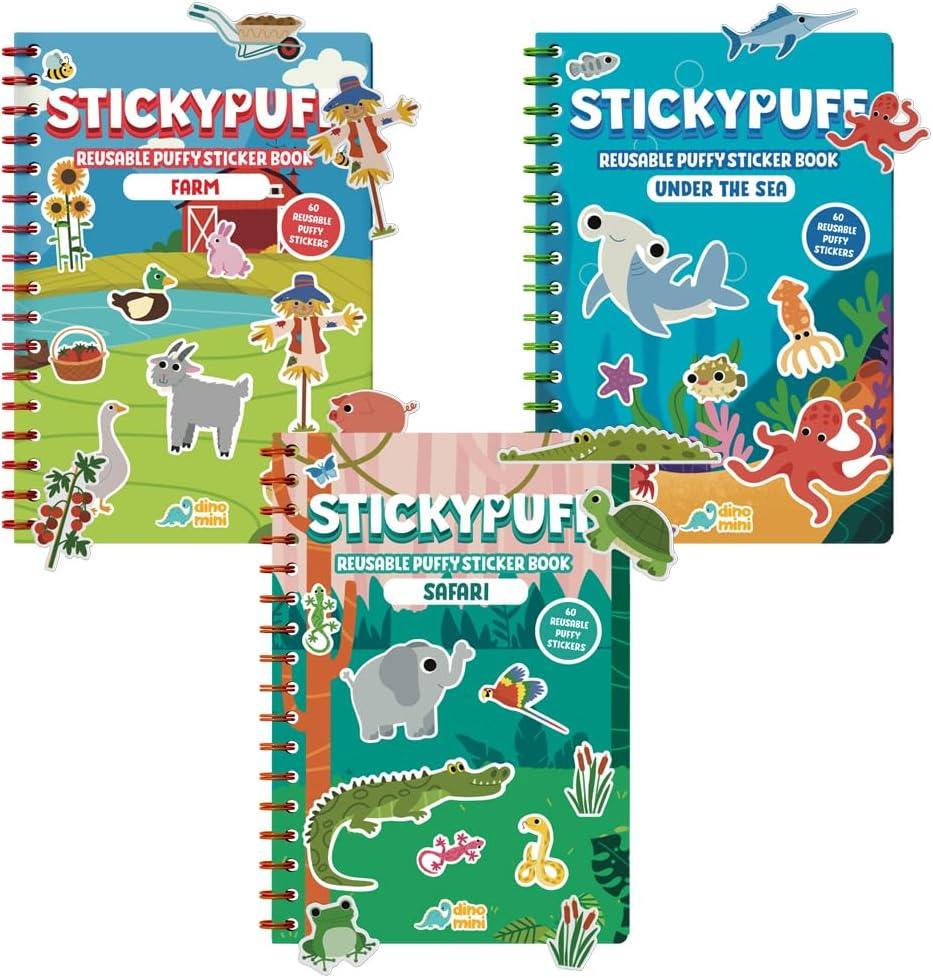 DINO MINI Stickypuff Value Pack - 3 Reusable Puffy Sticker Book for Toddlers - Puffy Stickers for Toddlers - Travel Activities for Kids Ages 4-8 - Screen Free Birthday Gifts (Animals)
