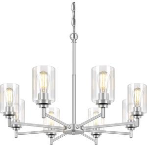 33.5'' 8-Light Chandelier for Dining Room Kitchen Island, Modern Farmhouse Pendant Lighting with Glass Shades Industrial Brushed Nickel Hanging Ceiling Light Fixture for Living Room, Height Adjustable