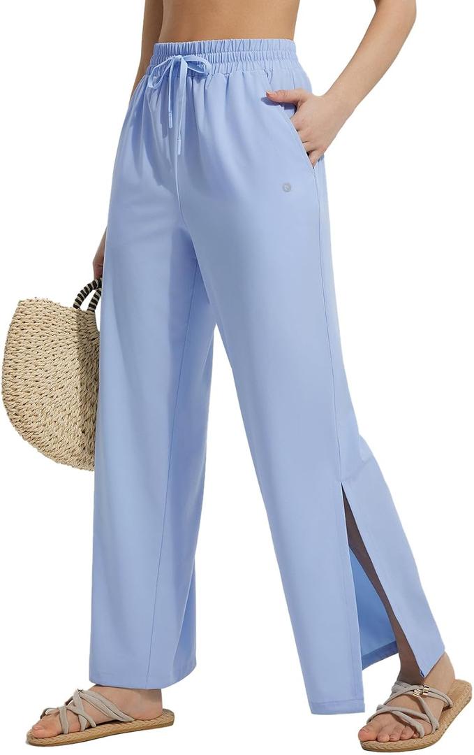 BALEAF Women's Wide Leg Beach Pants UPF50+ Long Swim Pants High Waisted Lightweight Quick Dry Flowy Swim Capris with Pockets Light Blue M