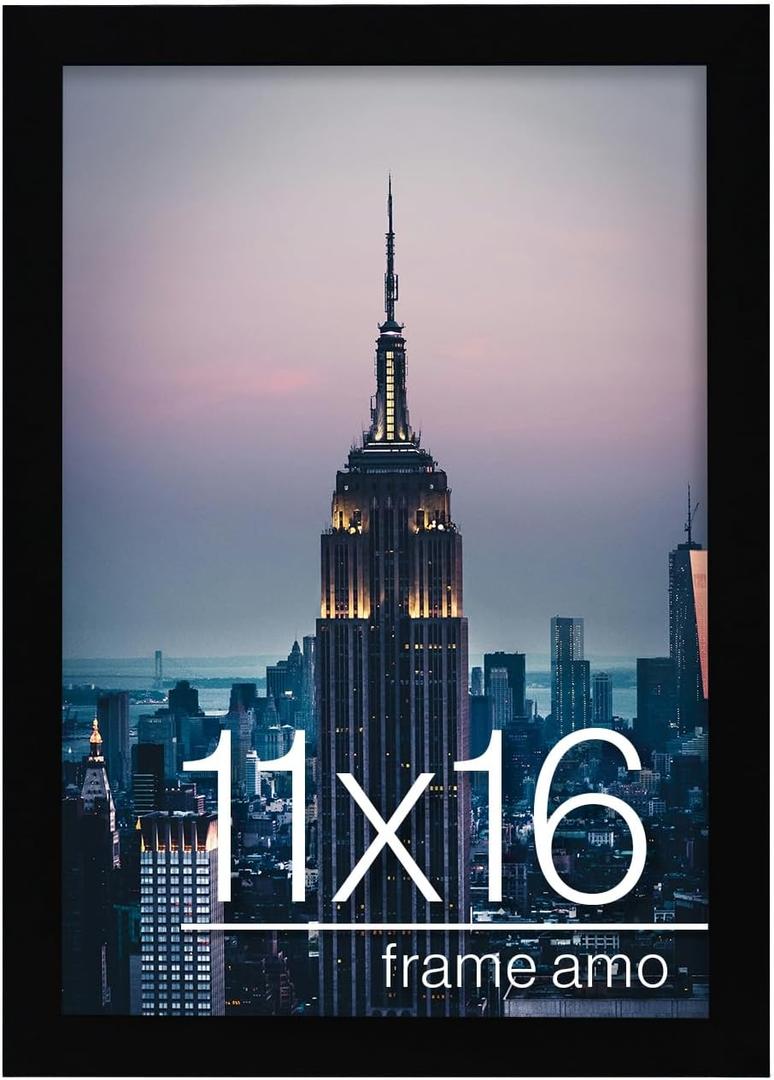Frame Amo 11x16 Black Modern Picture or Poster Frame, 1 inch Wide Border, Smooth Wrap Finish, Acrylic Face
