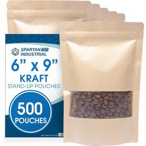 Spartan Industrial - 6" X 9" Kraft Zip Top Food Storage Bags - Pack of 500 Smell-Proof Resealable Pouches for Packaging Coffee, Tea, Spices, Snacks, and More