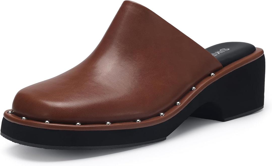 Mules for Women Clogs Chunky Block Heel Mule Square Closed Toe Slip-On Sandals with Memory Foam Padding Retro Rivet Comfort Fashion Slide Shoes (10, Chestnut)