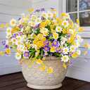 12 Bundles Artificial Daisy Flowers for Outdoors Summer Decor, UV Resistant Fake Cemetery Flowers Faux Plastic Greenery Shrub Plants for Home Gardens Porch Planter Yards Dcor(Mix White Yellow Purple)