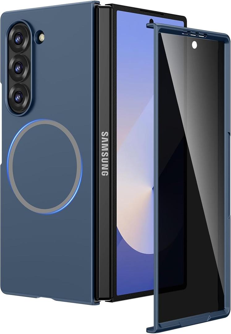 Ruky Slim Case for Samsung Galaxy Z Fold 6, Hard PC Protective Cover with Built-in Privacy Screen Protector, [Compatible with MagSafe] Phone Case for Samsung Galaxy Z Fold 6 5G, Blue