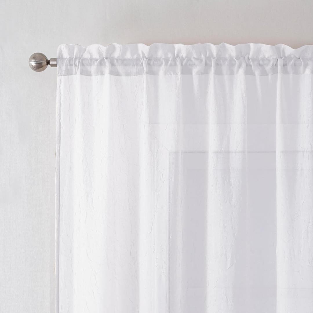 Chyhomenyc Crushed White Sheer Curtains 45 Inch Length 2 Panels, Crinkle Voile Light Filtering Short Sheer Curtains for Bedroom Living Room, Each 42Wx45L Inches