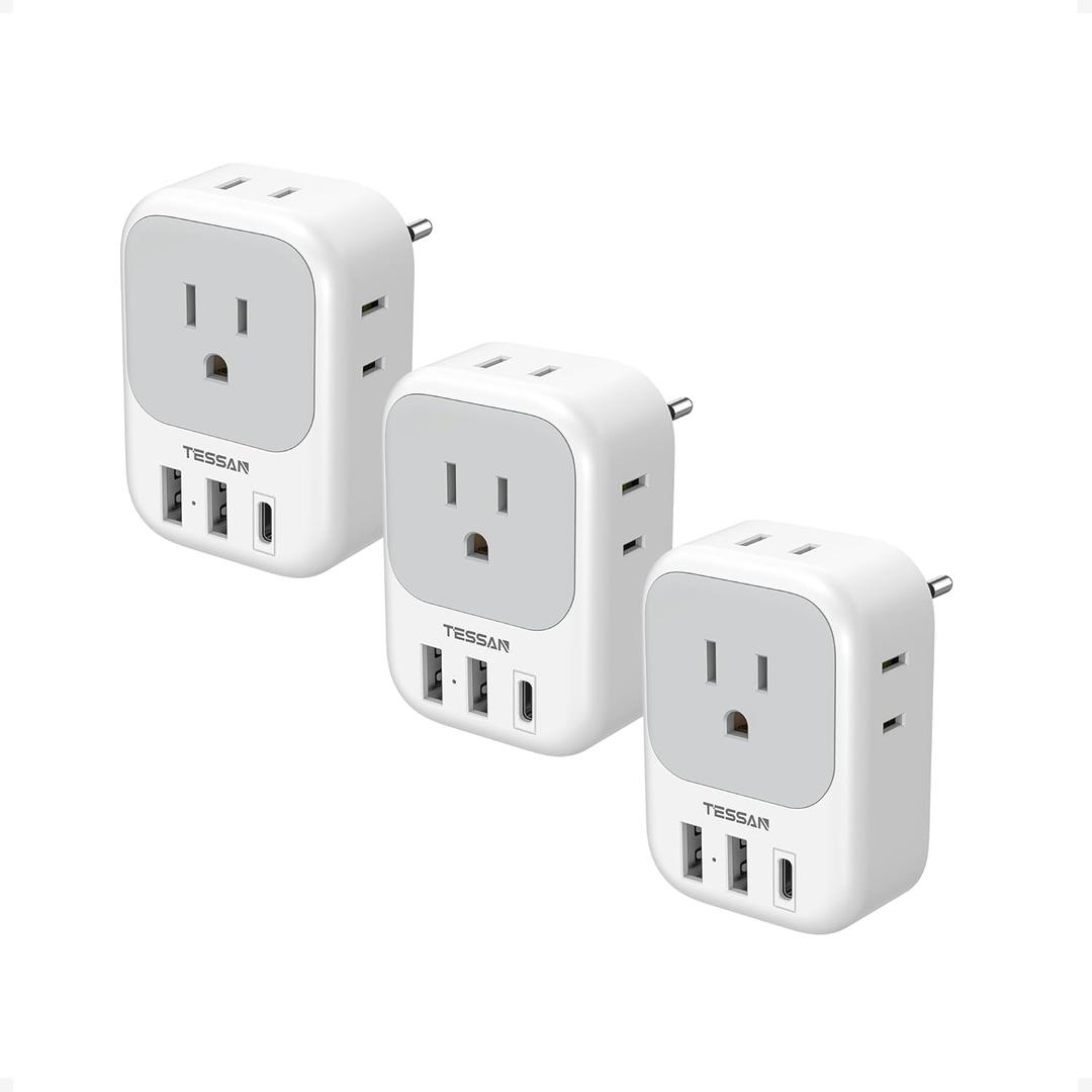 TESSAN European Travel Plug Adapter USB C 3 Pack, US to Europe Plug Adaptor with 4 AC Outlets 3 USB Charging Ports, Type C Power Adapter for USA to EU Euro Spain France Iceland Italy Germany Greece