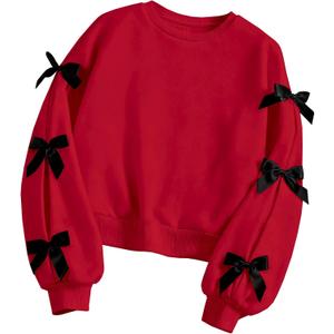 Girls Sweatshirt Cute Bow Tie Long Sleeve Crewneck Pullover Top Casual Fall Winter (13-14 Years, Red)
