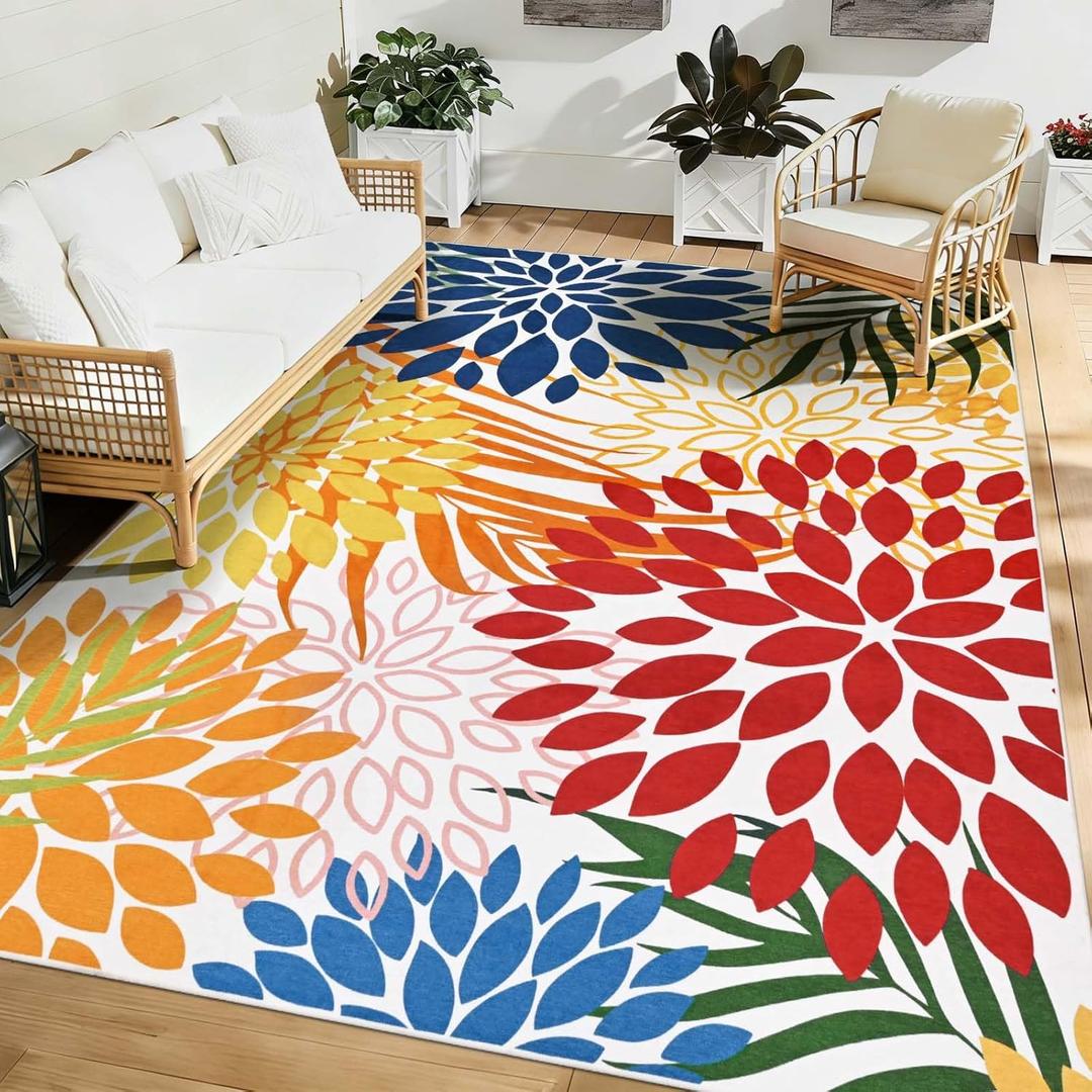 Yinhua Dahlia Floral Outdoor Rug 6x9 Colorful Indoor Outdoor Rugs Washable Patio Rug Non Slip Large Flower Area Rug Low Pile Outdoor Carpet for Patio, Deck, Porch, Balcony, Camping, Red and Blue