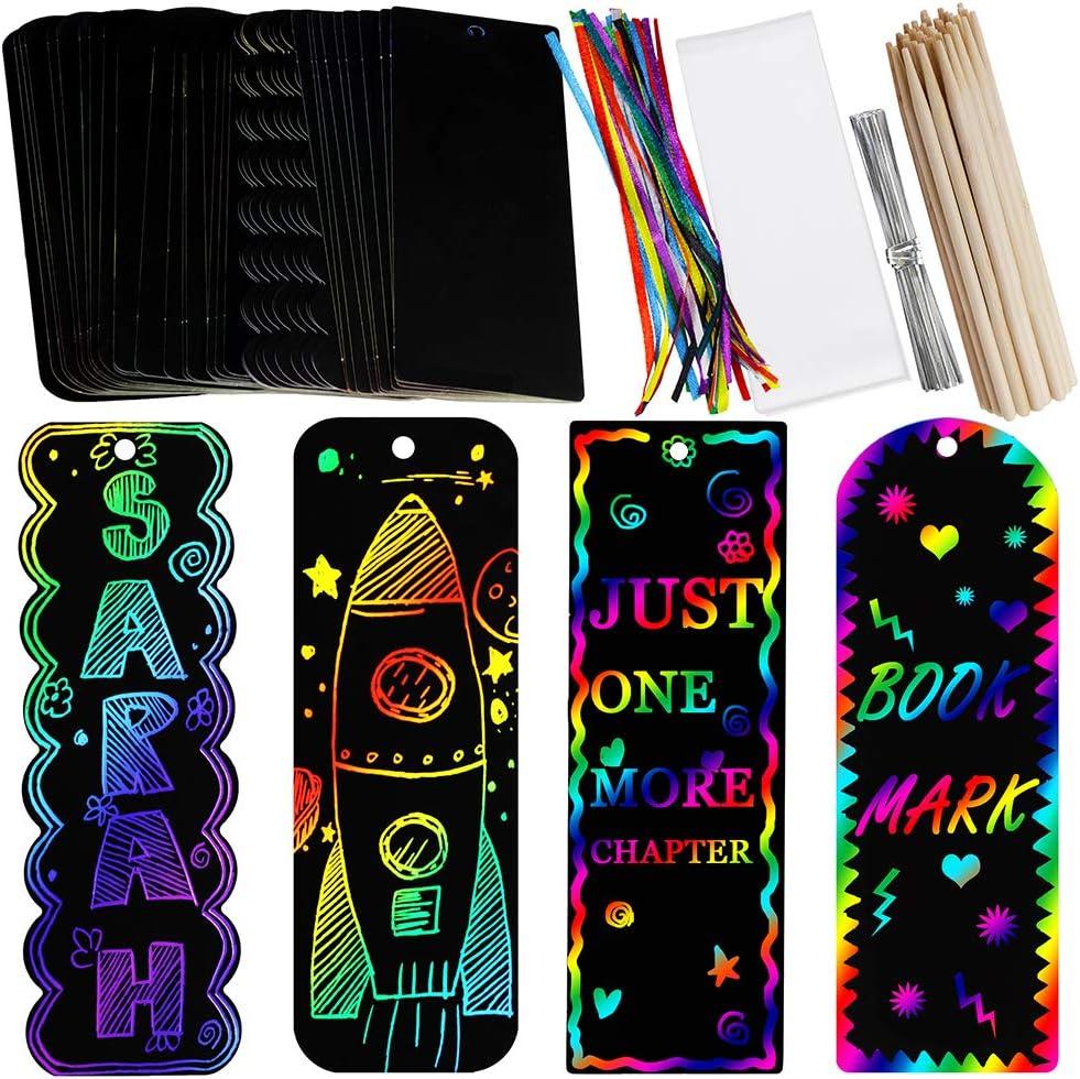 Supla 36 Sets 4 Style Magic Scratch Rainbow Bookmarks Making Kit for Kids Students Party Favor Scratch Paper DIY Bookmarks Bulk with Scratching Tools Satin Ribbons for Classroom Activities