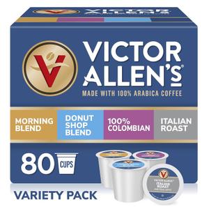 Victor Allen's Coffee Variety Pack (Morning Blend, 100% Colombian, Donut Shop Blend, and Italian Roast), 80 Count, Single Serve Coffee Pods for Keurig K-Cup Brewers (EXP 05/28/28)