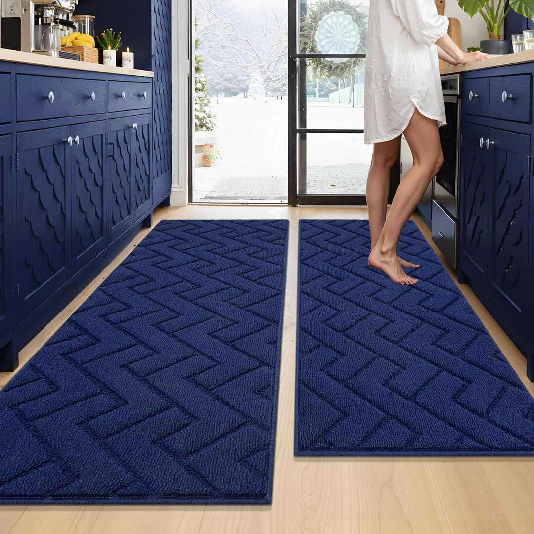 hicorfe Kitchen Runner Rugs and Mats Sets,2 Pieces Absorbent Non-Slip Kitchen Rug,Comfort Kitchen Mat for Floor,Washable for Kitchen,Hallway,Office,Sink,Laundry(20"x59"+20"x48",Navy Blue)