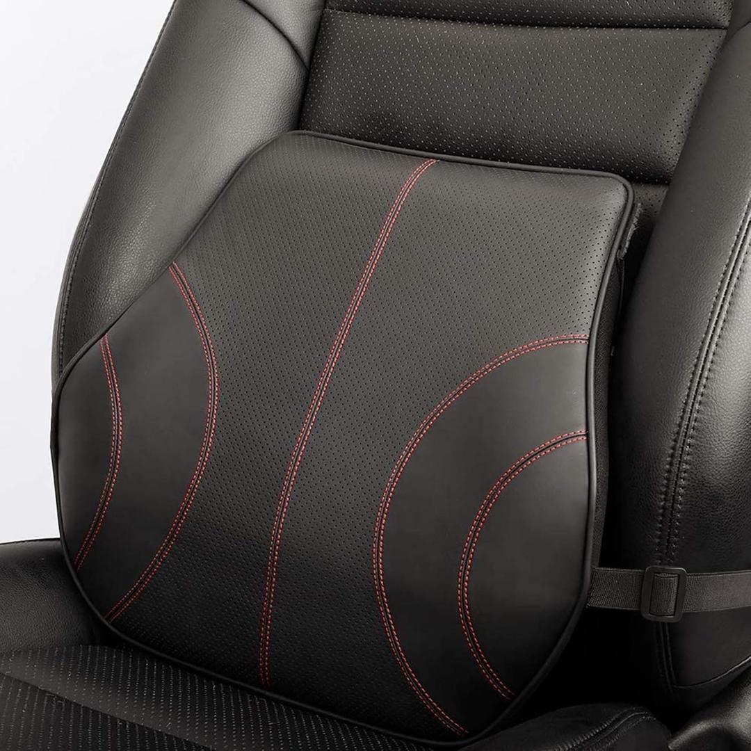 au-kee Lumbar Support for Car, Genuine Leather Memory Foam Pillow Lower Back Cushion for Office Chair with Adjustable Strap (Black)