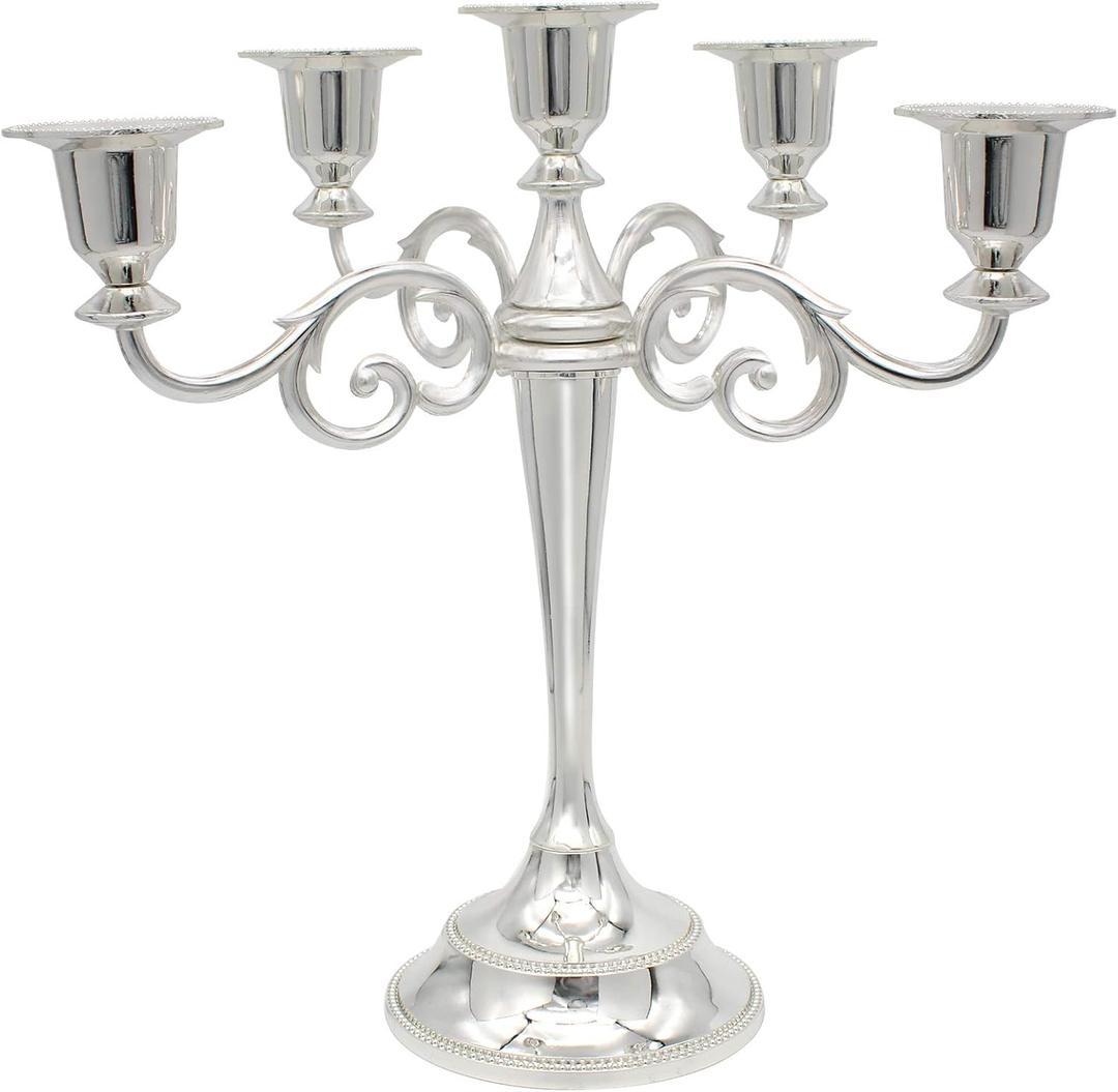 Metal Candelabra 5-Candle 10.1 Inch Tall Candle Holder Stick for Home Wedding Event and Party Festival,Silver (Silver-regular Style)
