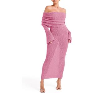 Saodimallsu Womens Off Shoulder Summer Maxi Dress Bell Long Sleeve Sexy Bodycon Strapless Sheer Beach Swimsuit Coverup (Pink, S)