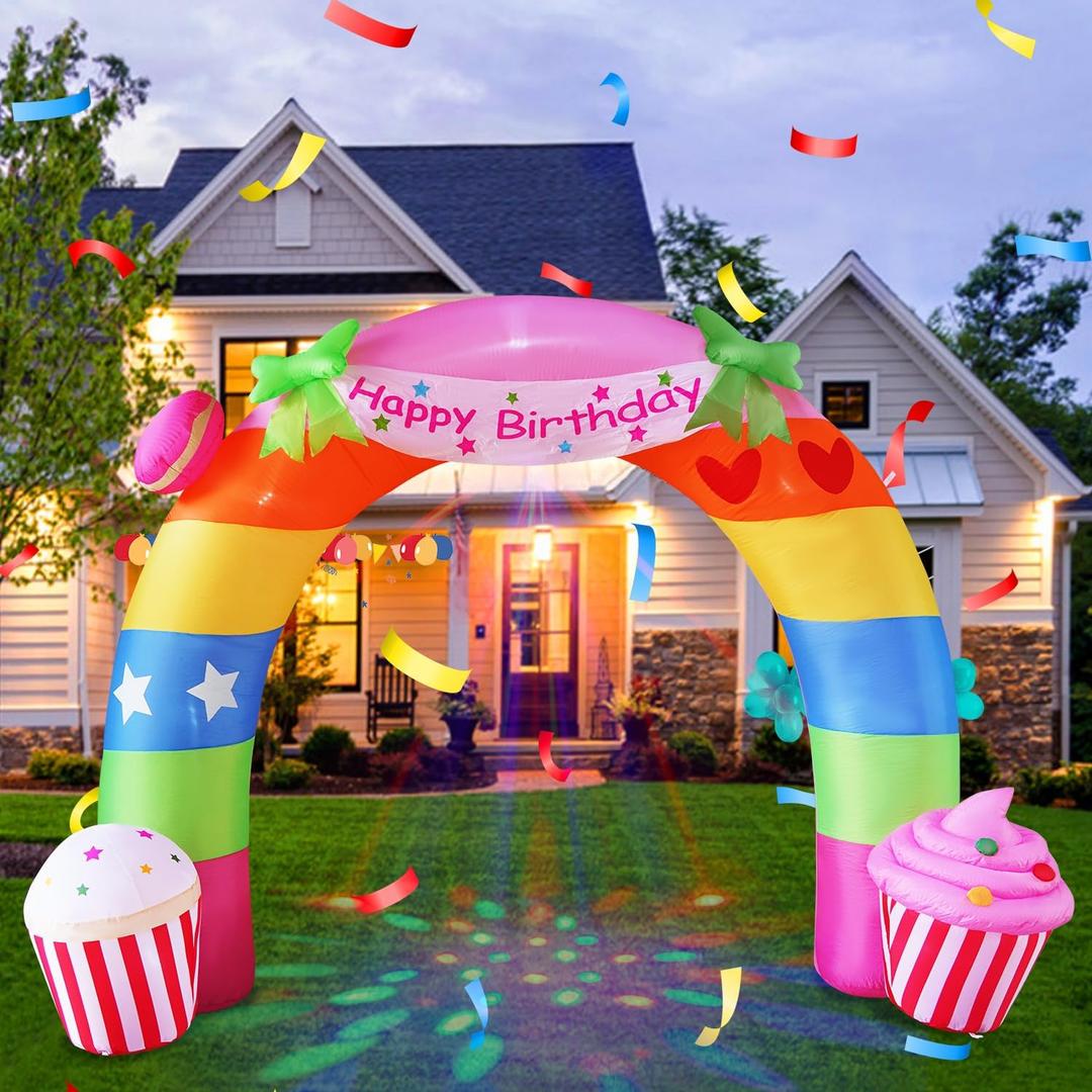 11FT Inflatable Birthday Arch Birthday Decoration, Built-in LED Lights and Colorful Rotating Lights, Suitable for Indoor and Outdoor Yard Lawn Decoration