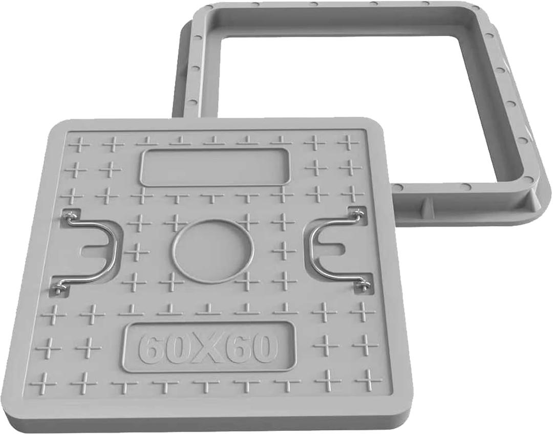 24x24 Inch Square Manhole Cover and Frame, Solid Septic Tank Cover, Recessed Non-Slip Design with Handle, Suitable for Sewer, Septic Tank and Yard (Gray)