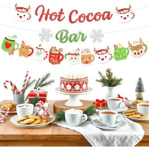 Christmas Hot Cocoa Bar Banner Decoration, Glitter Green Red Hot Chocolate Bar Kit Winter Snowflake Gingerbread Snowman Coffee Mug Hot Cocoa Bar Banner Supplies for Birthday Baby Shower New Year Party