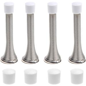Kare & Kind 4X Spring Door Stoppers (Silver) - Screw-in Flexible Steel Stoppers with White Rubber Bumper Tips - Protect Walls from Bumps, Marks and Damages - Kid and Pet Safe - for Homes, Offices