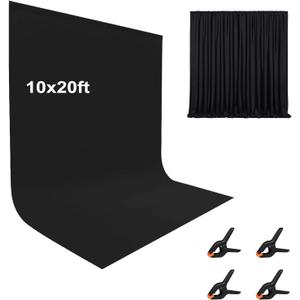 10X20ft Black Photo Backdrops for Photography, LCUIRC Two Rod Pocket Backdrops Curtain for Parties, Polyester Fabric Background with 4 Clamps for Product Protrait Photoshoot or Parties Decoration