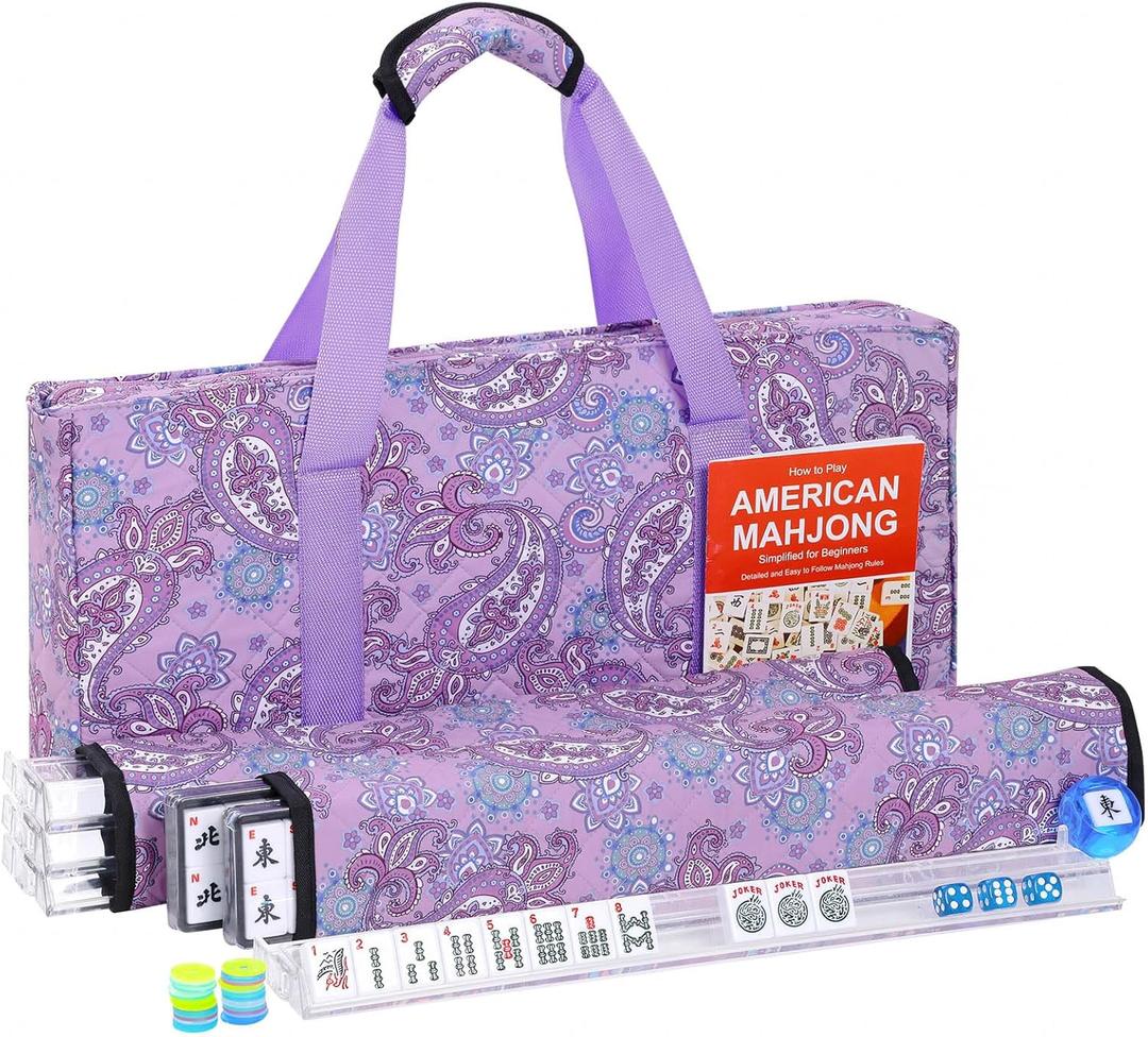 American Mahjong Tile Set, 166 White Tiles Mahjong Set, 4 Transparent All-in-One Racks/Pushers, Complete Game Set with Purple Printed Carrying Bag