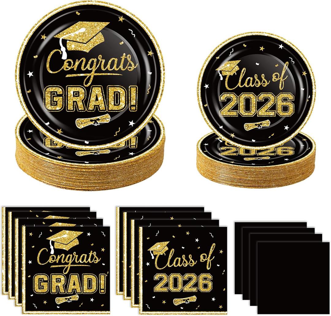 2026 Graduation Party Supplies Tableware Set - 200 Pcs Black Gold Graduation Plates and Napkins Class of 2026 Disposable Dinnerware for College High School Congrats Graduation Party favors, Serve 50