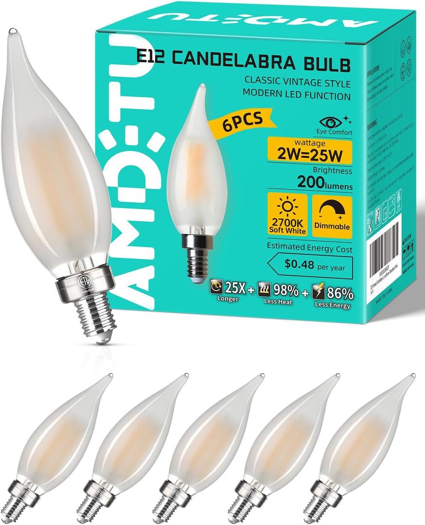 AMDTU E12 LED Candelabra Bulb 25 Watt Equivalent Dimmable Frosted Candle Light Bulb Warm White 2700k Small Base CA10 Chandelier Light Bulb Long Lasting Dining Room for Chandelier Light,Ceiling Fan (6 Count (Pack of 1), 2w=20w 2700k Soft White)