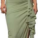 Floerns Women's Ruffle Trim Ruched Slit Strapless Dress Sleeveless Bodycon Maxi Dresses Green Medium