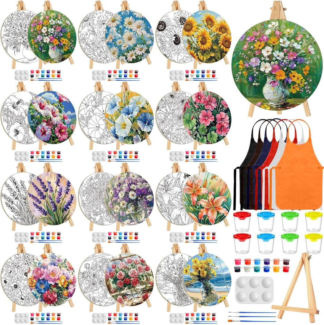 Supervitae 96 Pcs 5.9" Round Pre Drawn Canvas Painting Kit for Kids Adults Spring Floral Sip and Paint Canvas Kit for Birthday Valentines Holiday Christmas Party Favor DIY Home Decor Gifts